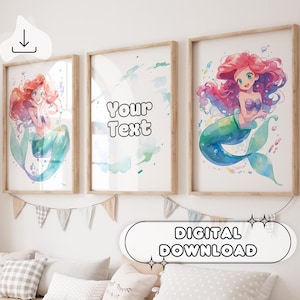 Art mural personnalisé La petite sirène - affiche personnalisée, vos noms, décoration de chambre de fille, cadeau pour fille, impressions pour chambre d&#39;enfant, téléchargement numérique