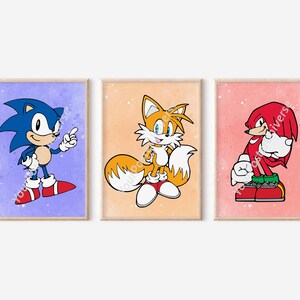 ソニック・ザ・ヘッジホッグのプリント3枚セット - 子供用ポスター、ソニック、ナックルズ、テイルズ、ベビーシャワーギフト、プレイルームの装飾、水彩画の壁アート