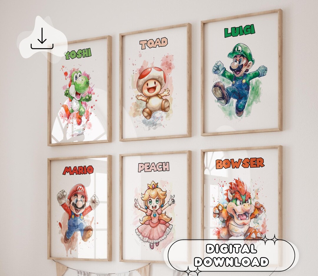Set of 6 Super Mario Wall Art - Mario and Luigi, Prints for Kids, Kids ...