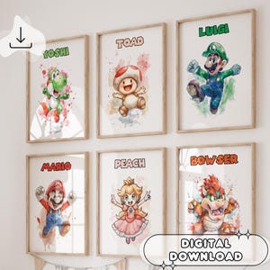 Set mit 6 Super Mario Wandbildern - Mario und Luigi, Prints für Kinder, Kinderzimmer Dekor, Mario Namen Poster, Spielzimmer Kunst