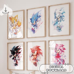 Juego de pósteres de Sonic con acuarela suave: impresión digital, decoración de habitación infantil, regalo de Sonic, regalo para niños, cumpleaños, decoración de fiesta, sala de juegos, impresiones