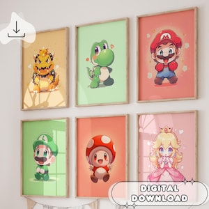 Set Aus 6 Super Mario Bros Wandkunst - Kinderzimmer Deko, Chibi Super Mario, Mario und Luigi, Kinderzimmer Drucke, Digitaler Download, Spielzimmer Kunst