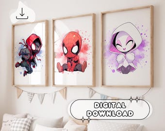 Set Of 3 Spidey Watercolor Posters - Wall Decor, Chibi Style, Nursery Decor, Gift For Kids, Digital Print , Spider Poster, Printable Art