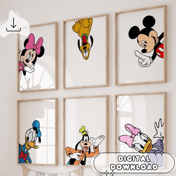 May include: Set of six printable wall art prints featuring various Disney characters, including Mickey Mouse, Minnie Mouse, Pluto, Goofy, and Donald Duck. The prints are in a cartoon style and have a white background.