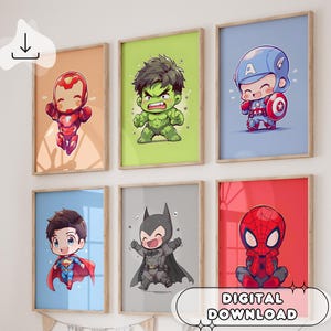 Set di 6 poster di supereroi dei cartoni animati - Clipart per bambini, baby shower, stampe di supereroi, decorazioni per la cameretta dei bambini, decorazioni per la stanza dei giochi
