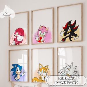 6 Minimalist Watercolor Sonic - Watercolor Painting, Gift for Kids, Kids Room Decor, Baby Shower Gift, Tails, Knuckles, Amy Rose, Printable