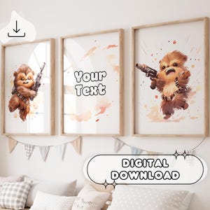 May include: Three digital prints featuring a watercolor illustration of a furry, brown character with a blaster. The middle print has the text "Your Text" in a rounded font.