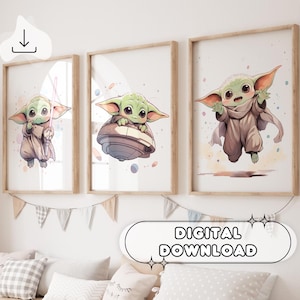 3er Set Baby Yoda Poster - Digitaldruck, Wandkunst, Kinderzimmerdeko, Prints für Kinder, fertig zum Drucken, Poster-Set, Babyzimmer, Dusche, Spielzimmer