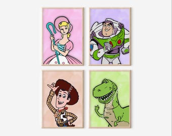 4 carteles coloridos de Toy Story: impresiones para niños, guardería, decoración de sala de juegos, regalo de baby shower, arte de pared imprimible, decoración de habitación de niños