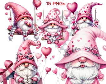 Valentine Gnomes Clipart Png - Fantasy Gnome Illustration Sublimation Gnome Images Watercolor Cute Gnome Png Valentines Clipart Gnome