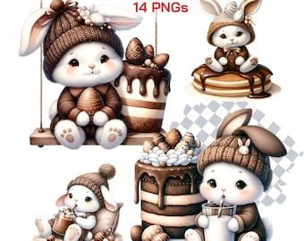 Cute Easter Bunny & Chocolate Eggs Clipart - Watercolor Rabbits with Chocolate Bunny, Easter Egg PNG, Happy Easter Digital Art for Crafts
