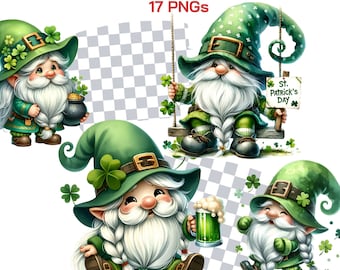 St. Patrick's Day Gnomes Clipart - Watercolor Gnome PNG, Irish Clover Shamrock Illustrations, Cute Gnome Sublimation, Festive Ireland Art