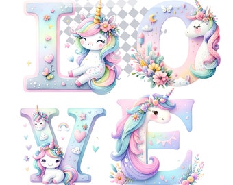 Cute Unicorn Png Alphabet -  Kawaii Unicorn PNG Rainbow Pastel Magic Letters Unicorn Party & Fantasy Illustrations Baby Unicorn Graphics