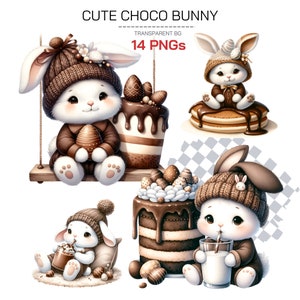 Cute Easter Bunny & Chocolate Eggs Clipart - Watercolor Rabbits with Chocolate Bunny, Easter Egg PNG, Happy Easter Digital Art for Crafts