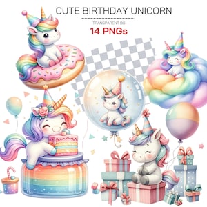 Niedliches Einhorn PNG Clipart Bundle für Geburtstagsparty - Regenbogen Baby Einhorn Kawaii Pastell Magie Party, Einhorn Illustration Fantasy Clipart