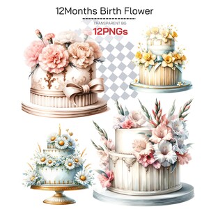 Clipart z urodzinowym tortem urodzinowym - Birthflower PNG, kwiatowa sztuka do wydrukowania na tort urodzinowy, kwiatowa grafika spersonalizowana na Twój miesiąc