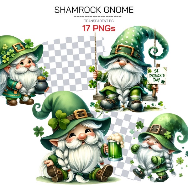 St. Patrick's Day Gnomes Clipart - Watercolor Gnome PNG, Irish Clover Shamrock Illustrations, Cute Gnome Sublimation, Festive Ireland Art