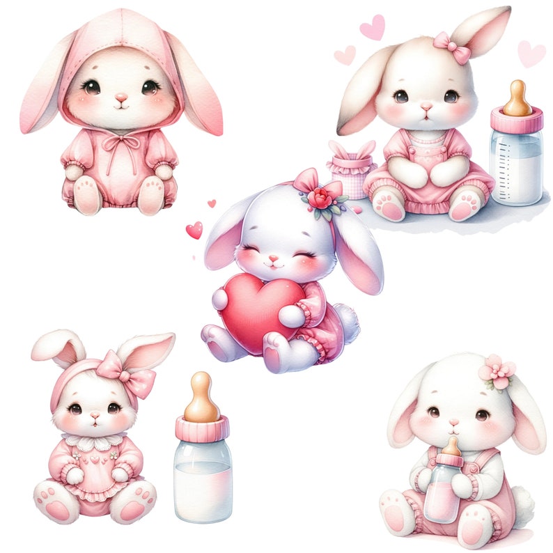 K&ouml;nnte beinhalten: F&uuml;nf Illustrationen von niedlichen rosa und wei&szlig;en Kaninchen mit rosa Schleifen und Herzen. Die Kaninchen halten Milchflaschen, ein Herz und eine Geschenkbox.