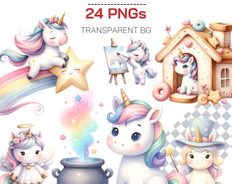 Cute unicorn PNG clipart rainbow kawaii unicorn party pastel illustration graphics magic unicorn bundle fantasy magical clipart baby unicorn