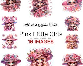 Blythe Dolls Clipart - Pink Princess with Teddy Kitty & Bunny, Luxury Costume Watercolor Illustrations for BirthdayGifts