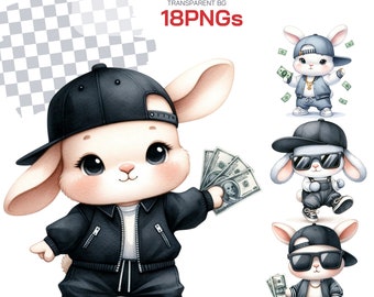 HipHop Bunny Clipart Collection - Cool Bunny Boy PNGs for Baby Shower Gifts and Decor, Perfect for New Baby Boy and Safari Themes