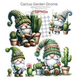Imágenes prediseñadas de gnomos de cactus en flor - Lindo paquete de gnomos de jardín de acuarela, gráficos de imágenes prediseñadas de cactus, ilustraciones de gnomos de jardinería descargables