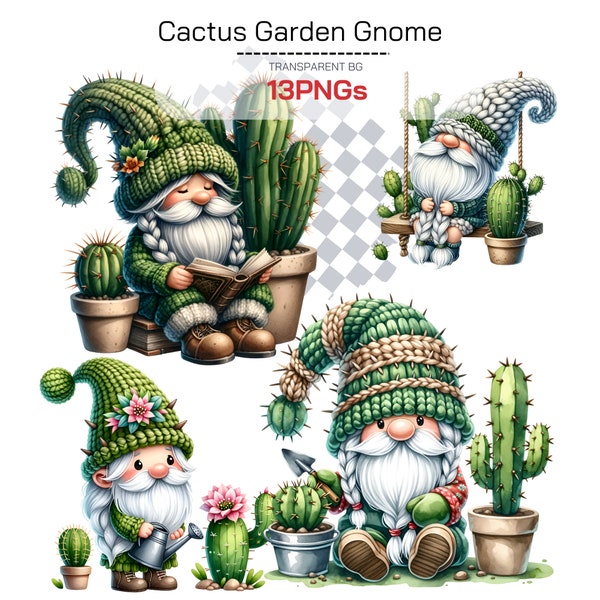 Imágenes prediseñadas de gnomos de cactus en flor - Lindo paquete de gnomos de jardín de acuarela, gráficos de imágenes prediseñadas de cactus, ilustraciones de gnomos de jardinería descargables