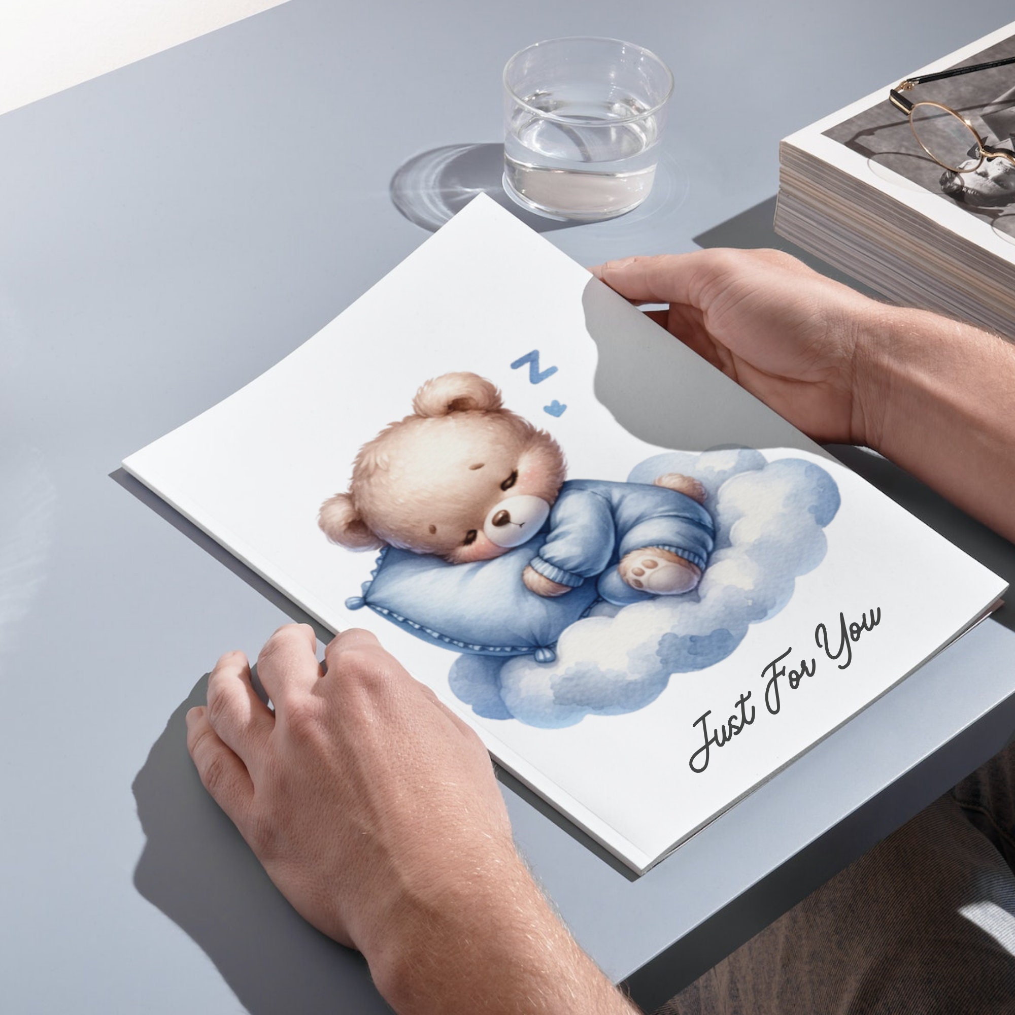 Blue Teddy Bear Baby Shower Clipart Cute Bear in Hot Air Balloon, Boho ...