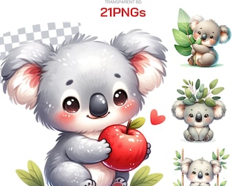 Ensemble de cliparts mignon bébé koala eucalyptus, collection PNG - parfait pour une baby shower, une décoration de chambre d&#39;enfant et des cadeaux d&#39;anniversaire pour bébé