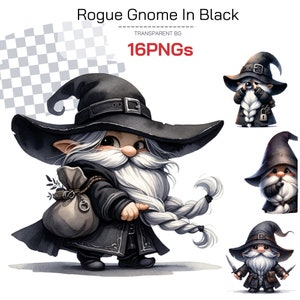 May include: Watercolor illustration set titled "Rogue Gnome In Black" featuring gnomes in black attire and hats. The gnomes have long white beards and are holding various items, including a bag and daggers. The image includes the text "16PNGs".