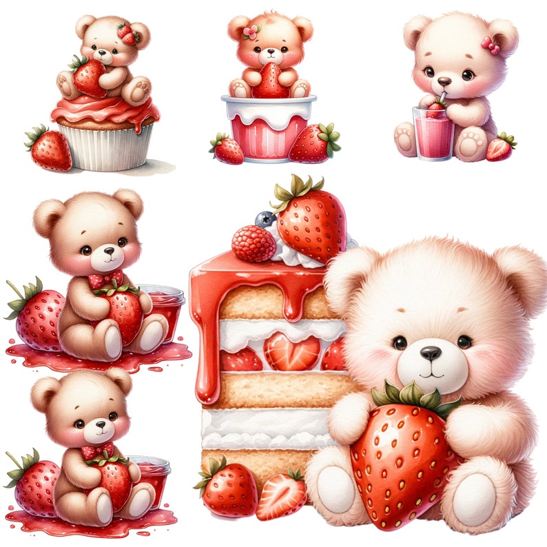 Strawberry Delight & Teddy Bear Clipart - Charming Designs for DIY Crafts