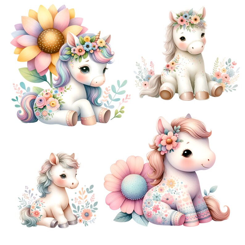 May include: Four adorable unicorn illustrations with floral crowns and colorful floral patterns. Each unicorn is sitting or lying down with a whimsical and magical feel.