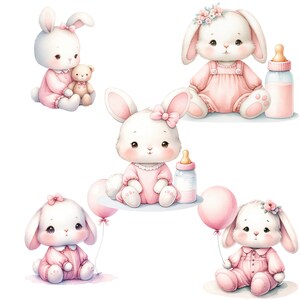 K&ouml;nnte beinhalten: F&uuml;nf Aquarell-Illustrationen von niedlichen Hasen, die rosa Kleider tragen und Babyflaschen oder Teddyb&auml;ren halten. Die Hasen haben wei&szlig;es Fell, rosa Nasen und schwarze Augen. Die Illustrationen sind vor einem wei&szlig;en Hintergrund angeordnet.