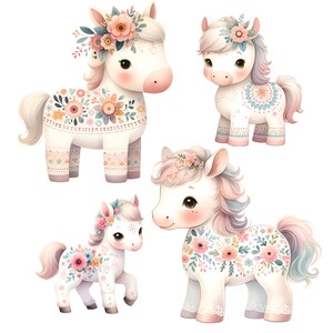 May include: Four adorable white horses with floral patterns and flower crowns. The horses are in various poses, with some standing and others lying down. The flowers are in shades of pink, blue, and yellow.