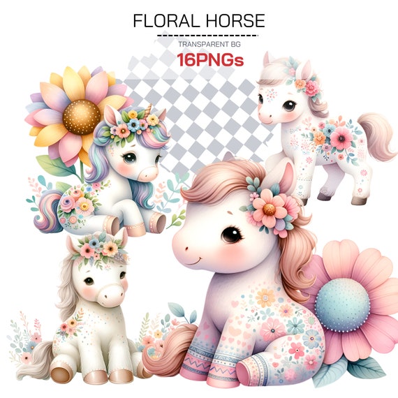 Floral Horse Clipart - Watercolor Horse PNG for Digital Crafting Scrapbooking and Junk Journal Art Beautiful Floral Baby Horses Illustration