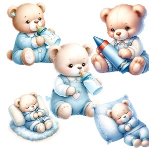 Cute Nursery Teddy Bear Illustrations - Blue Bear Clipart for Newborn Boys