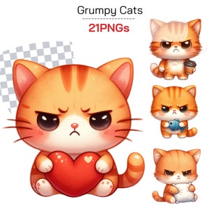May include: A set of 21 digital illustrations of grumpy orange tabby cats with different expressions. The cats are drawn in a cartoon style with big eyes and a frowning expression. The cats are holding various objects, such as a cup of coffee, a fish, and a pillow.