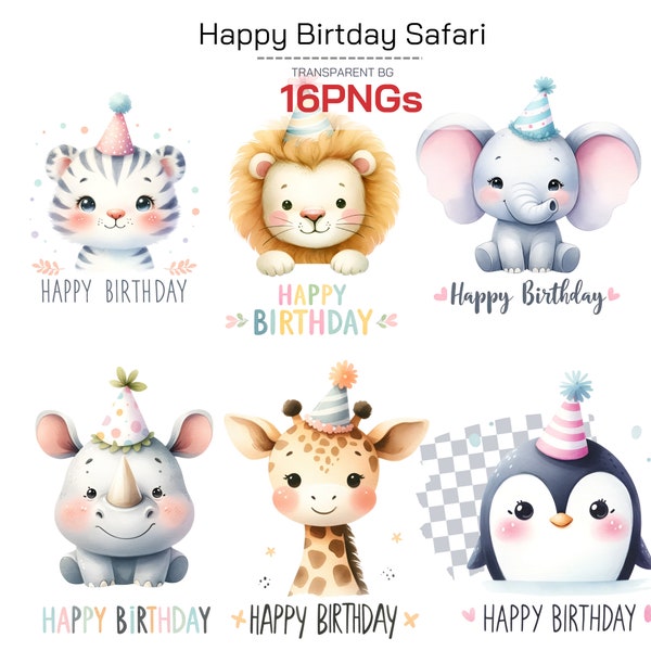 Jungle & Safari Birthday PNG Collection - Kawaii Giraffe, Lion Happy Birthday Graphics, Perfect for First Birthday Boy Party Decorations