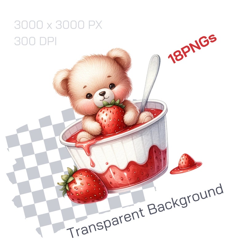 Playful Strawberry Teddy Clipart - Whimsical Art for Sublimation Projects