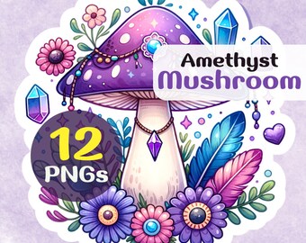 Lilac Crystal Amethyst Mushroom Clipart 12PNGs, Enchanting Purple Graphics, Digital Scrapbooking, Unique Gift for Creatives