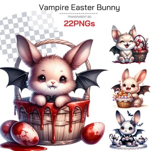 Clipart gótico de Páscoa Coelhinho Vampiro PNG Desenhos de Páscoa Escuros, Cesta de Ovos de Páscoa Sangrentos sublimação/decoração. Presente fofo para crianças
