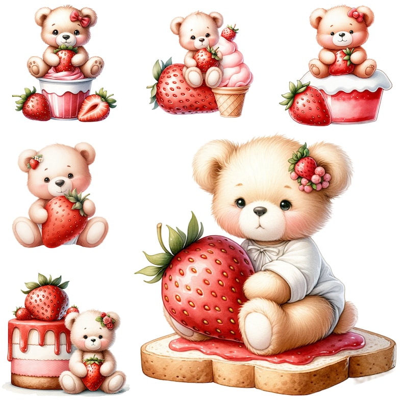 Teddy Bear Love and Strawberries - Cute Clipart for Baby Themed Decor