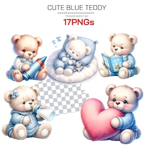 Blue Teddy Bear Clipart for Baby Showers - Cute Gift Nursery Teddy Bear Bear with Hot Air Balloon We Can Bearly Wait Baby Bear Clipart Pack