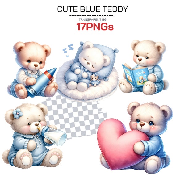 Blue Teddy Bear Clipart for Baby Showers - Cute Gift Nursery Teddy Bear Bear with Hot Air Balloon We Can Bearly Wait Baby Bear Clipart Pack