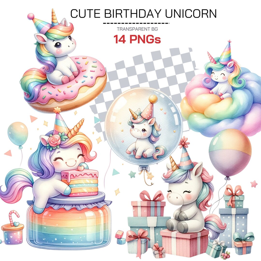 Cute Unicorn PNG Clipart Bundle for Birthday Party - Rainbow Baby ...