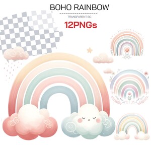 Boho Rainbow Clipart Collection - Hand Drawn Pastel Rainbow PNGs, Perfect for Decor and Digital Graphics neutral Floral rainbow