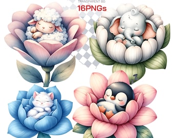 Clipart animal endormi, cadeau de baby shower Adorables bébés animaux PNG Illustrations d&#39;art pour chambre d&#39;enfant mignonnes, parfaites pour une décoration cadeau pour enfants