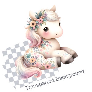 May include: A white unicorn with a pink and rainbow mane and tail, wearing a flower crown. The unicorn is covered in floral patterns and is sitting on a checkered background.