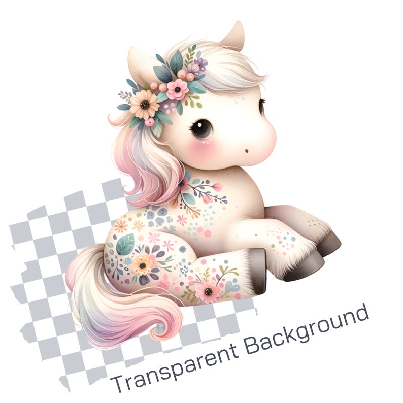 May include: A white unicorn with a pink and rainbow mane and tail, wearing a flower crown. The unicorn is covered in floral patterns and is sitting on a checkered background.