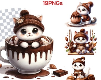 Chocolate Cat Clip Art Collection | Watercolor Kitten & Hot Cocoa Graphics for Cute Cat Lover Gifts